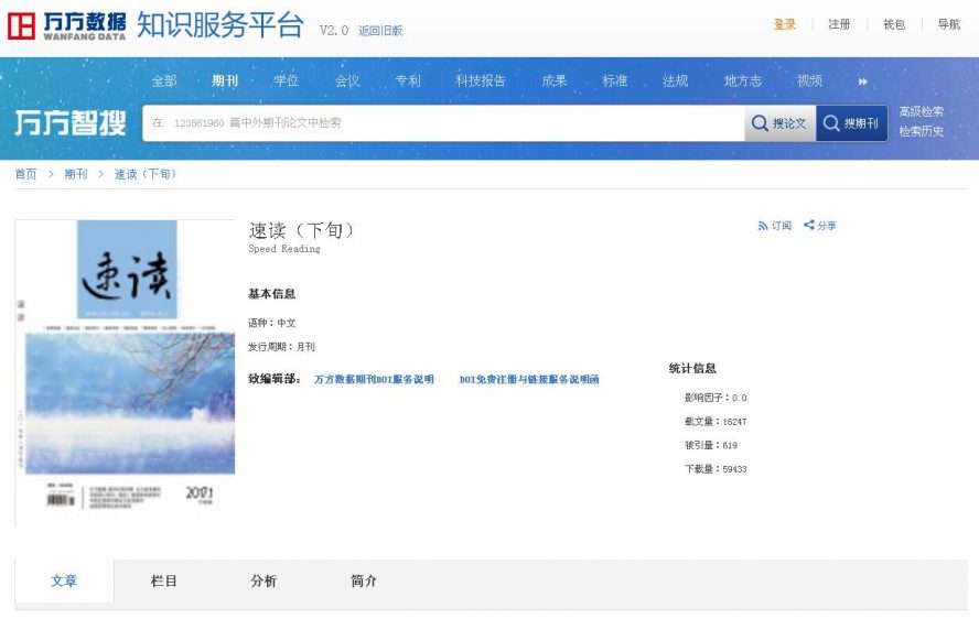 《速讀》期刊在萬方期刊網上的截圖